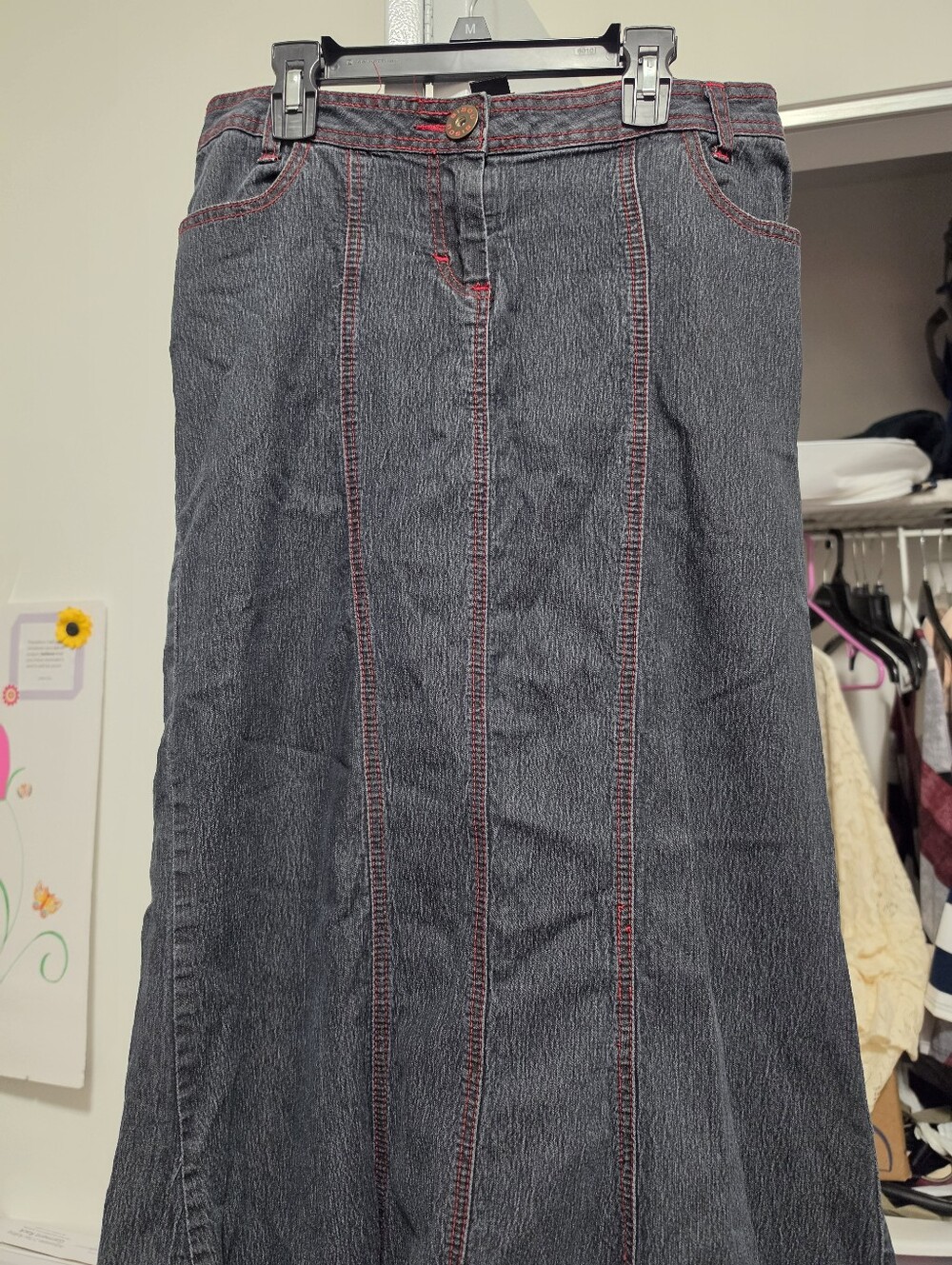 Mermaid Style Black Flared Denim Skirt with Red Stitching